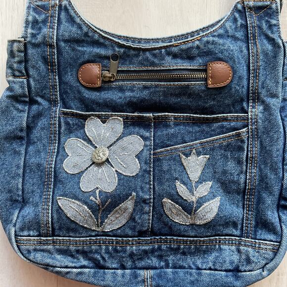 Y2K Upcycled Vintage Handmade Denim Shoulder Bag With Floral Embroidery - Picture 10 of 15